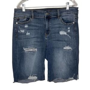 Judy Blue High Waist Long Inseam Distressed Stretchy Blue Denim Shorts Size XL